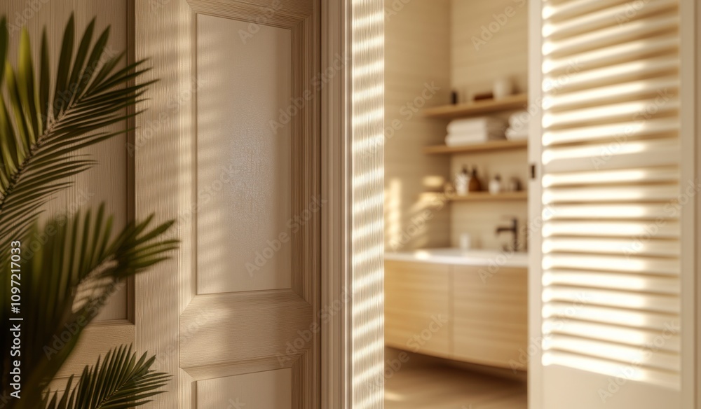 A serene bathroom scene viewed through a doorway, featuring natural light and wooden decor. A serene bathroom scene viewed through a doorway, featuring natural light and wooden decor.