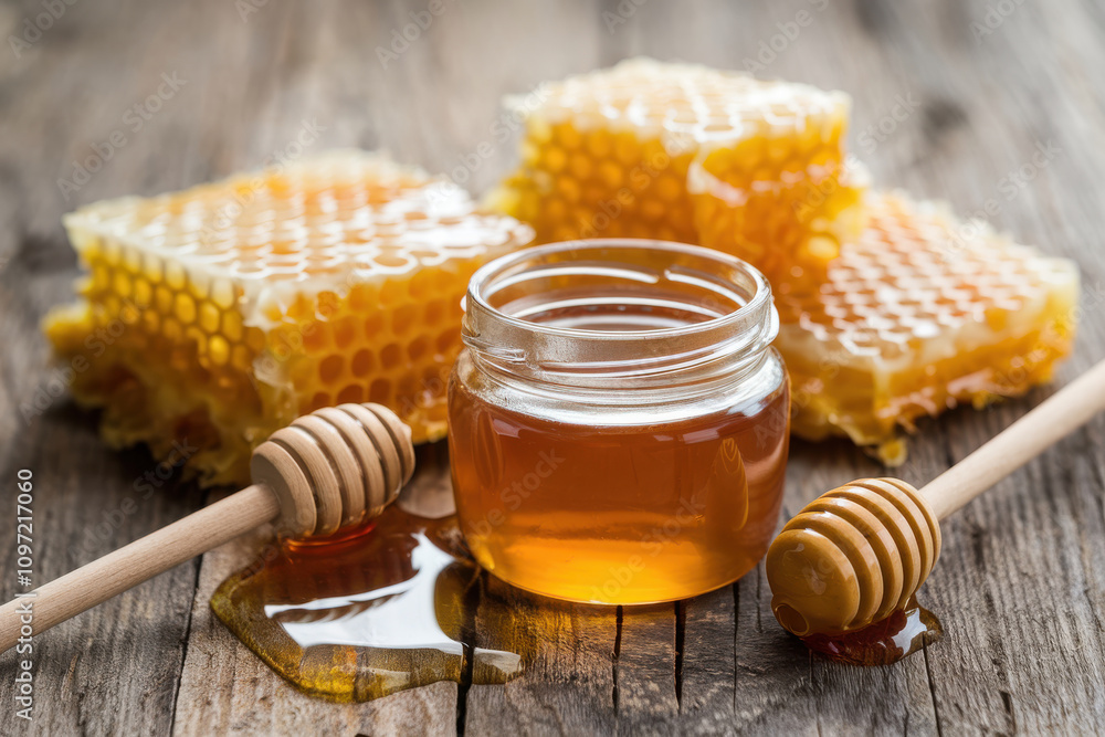 Close-up of honey jar with dripping honey and honeycomb on a wooden table, emphasizing organic and raw honey for product display Close-up of honey jar with dripping honey and honeycomb on a wooden table, emphasizing organic and raw honey for product display