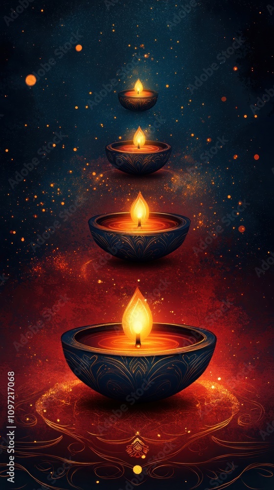 Diwali Lamps with Golden Lights on Red Background - Hand Drawn Vector Illustration Diwali Lamps with Golden Lights on Red Background - Hand Drawn Vector Illustration