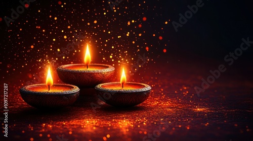 Golden Diwali Lamps on Red Background - Hand Drawn Vector Illustration photo