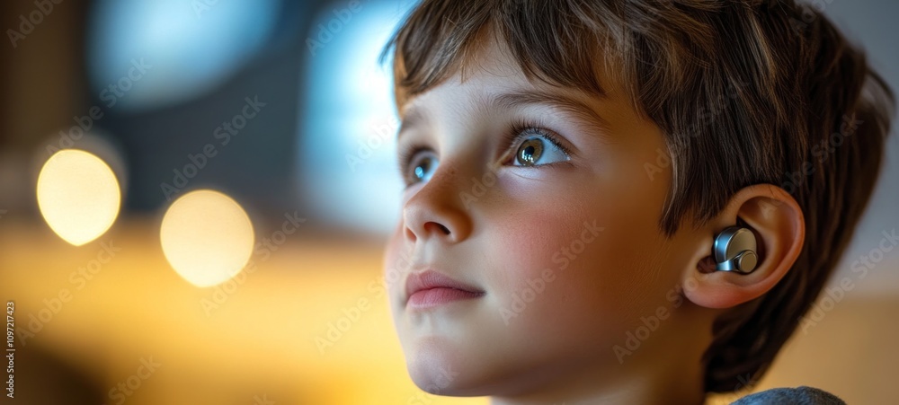 Young Boy with Hearing Aid, Hopeful Gaze