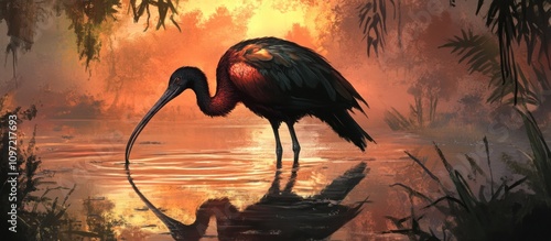 A glossy ibis with shimmering black and red feathers reflected in a serene wetland  photo