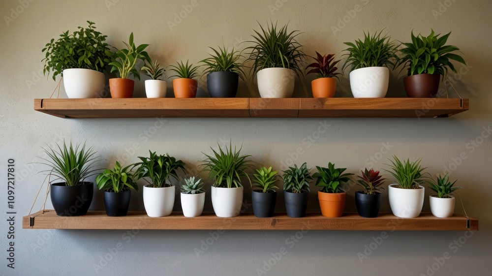 Two wooden shelves display various potted plants. Two wooden shelves display various potted plants.