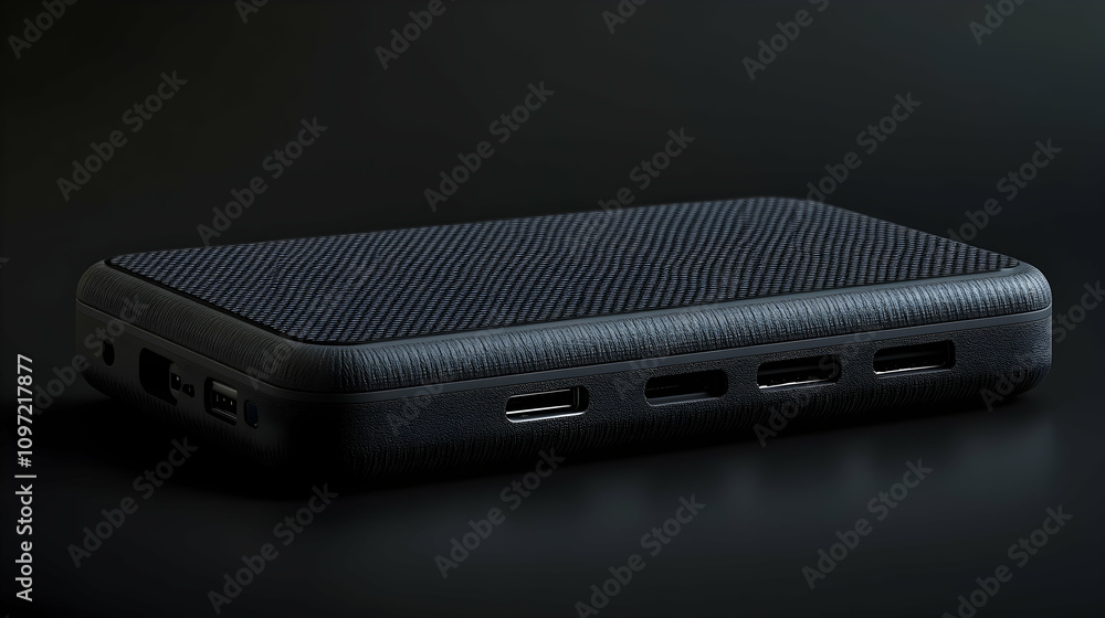 Black rectangular device with multiple ports on a dark surface. Black rectangular device with multiple ports on a dark surface.