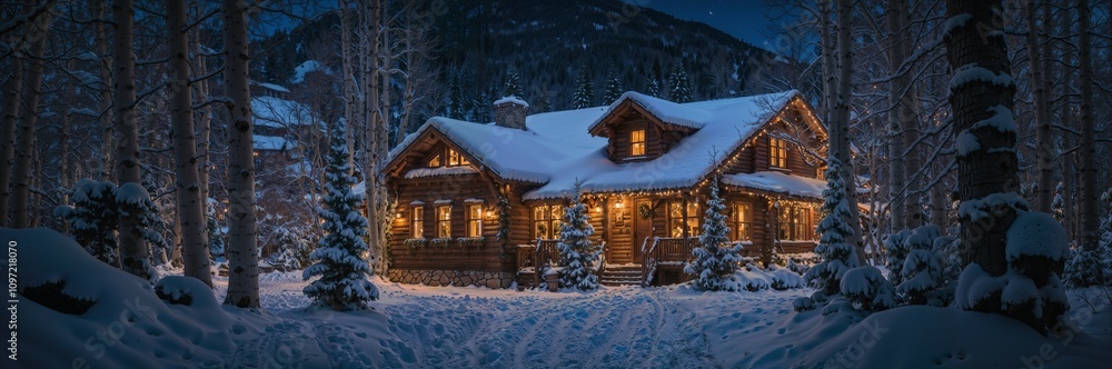 A dreamy snowy night in Aspen, Colorado with Christmas decorations and a dream house A dreamy snowy night in Aspen, Colorado with Christmas decorations and a dream house