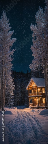 A dreamy snowy night in Aspen, Colorado with Christmas decorations and a dream house