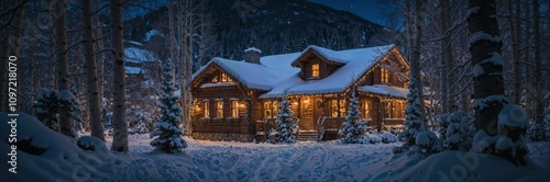 A dreamy snowy night in Aspen, Colorado with Christmas decorations and a dream house