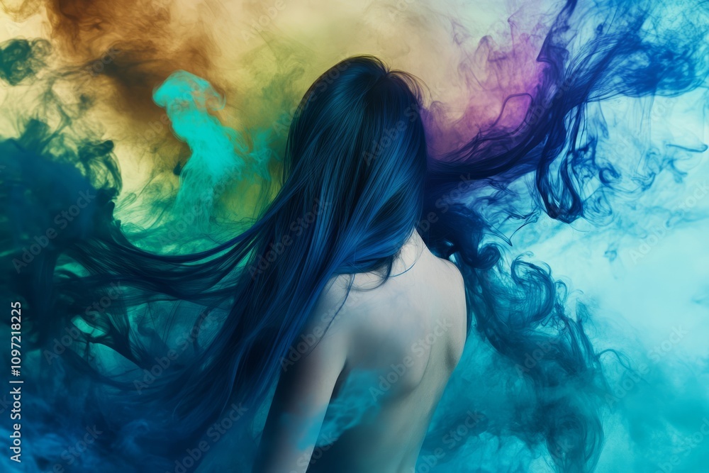 A girl with long hair resembling ocean creature tails A girl with long hair resembling ocean creature tails