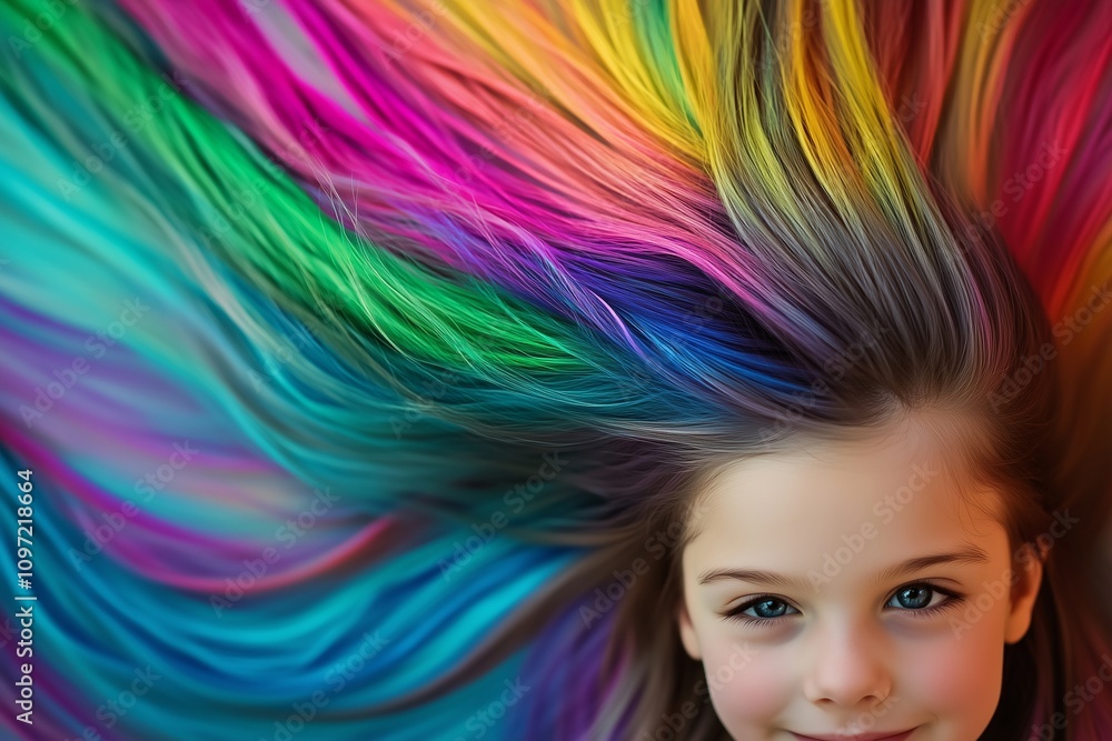 A girl with unusual rainbow instead of hair made from real A girl with unusual rainbow instead of hair made from real