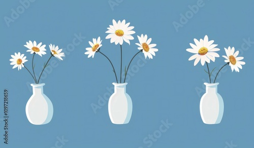 Three white vases with cheerful daisies on a blue background, showcasing a fresh and vibrant floral arrangement. Perfect for spring decor inspiration. photo