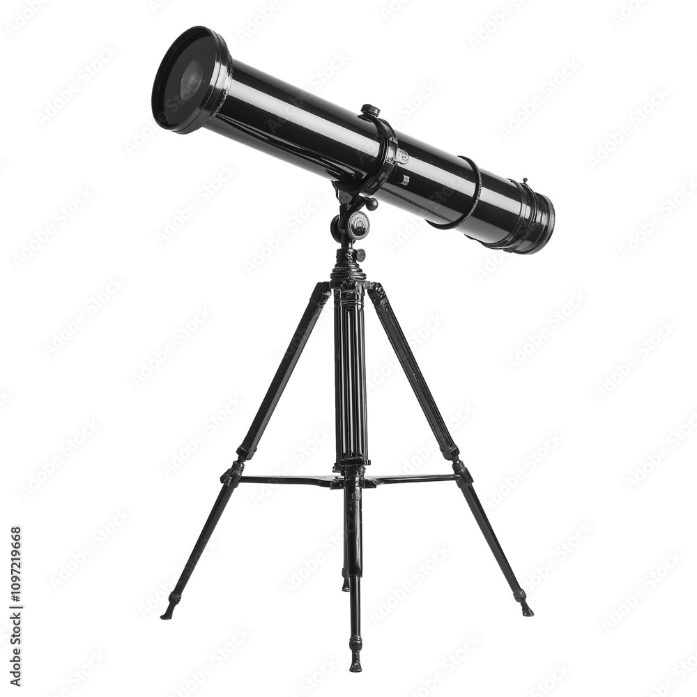 Black telescope on a tripod for stargazing and astronomical observations on transparent background Black telescope on a tripod for stargazing and astronomical observations on transparent background