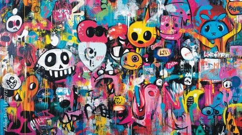 Wallpaper Mural Colorful graffiti on a white background, with numerous vibrant tags and symbols. Street art background texture Torontodigital.ca