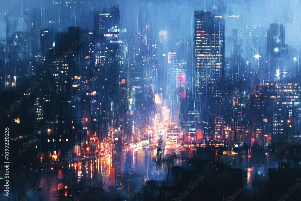 A vibrant cityscape illuminated by lights in a rainy atmosphere. A vibrant cityscape illuminated by lights in a rainy atmosphere.