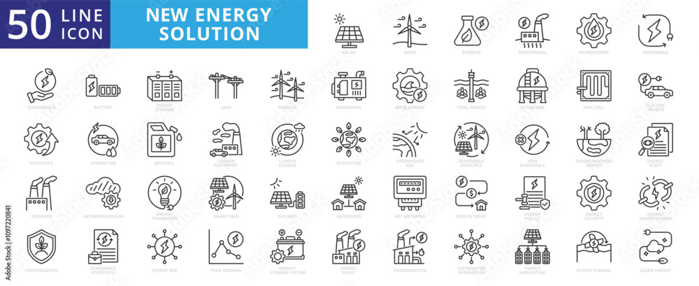 Fototapeta premium New energy solution icon set with solar, energy, wind, biomass, geothermal, hydropower, renewable, sustainable, efficiency, wave, eolic, battery, storage, grid, turbine, hydrogen, and generator