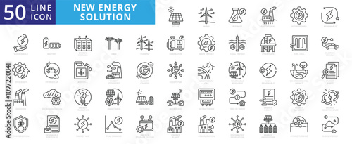 New energy solution icon set with solar, energy, wind, biomass, geothermal, hydropower, renewable, sustainable, efficiency, wave, eolic, battery, storage, grid, turbine, hydrogen, and generator