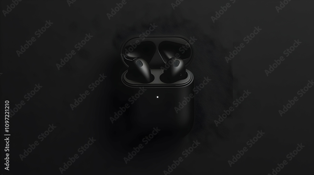 Black wireless earbuds in charging case on dark background. (1)