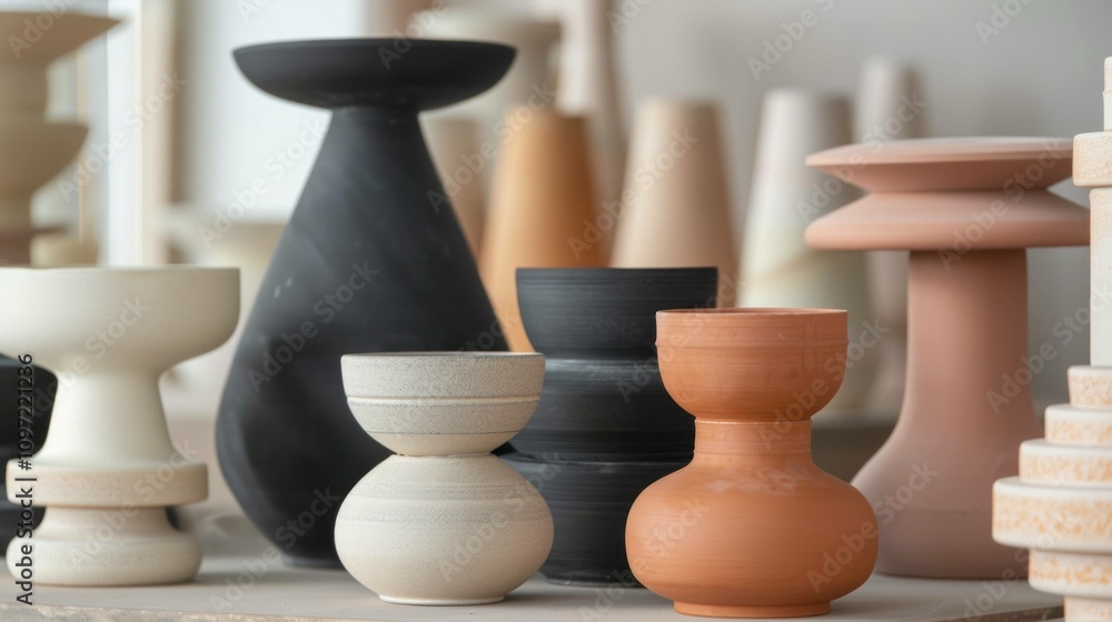 Various modern pottery vases in neutral tones arranged artistically on a shelf. Contemporary home decor concept showcasing craftsmanship and aesthetics. Various modern pottery vases in neutral tones arranged artistically on a shelf. Contemporary home decor concept showcasing craftsmanship and aesthetics.