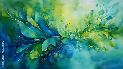 Bright watercolor splashes in vibrant greens and blues forming a refreshing aquatic-inspired abstract photo