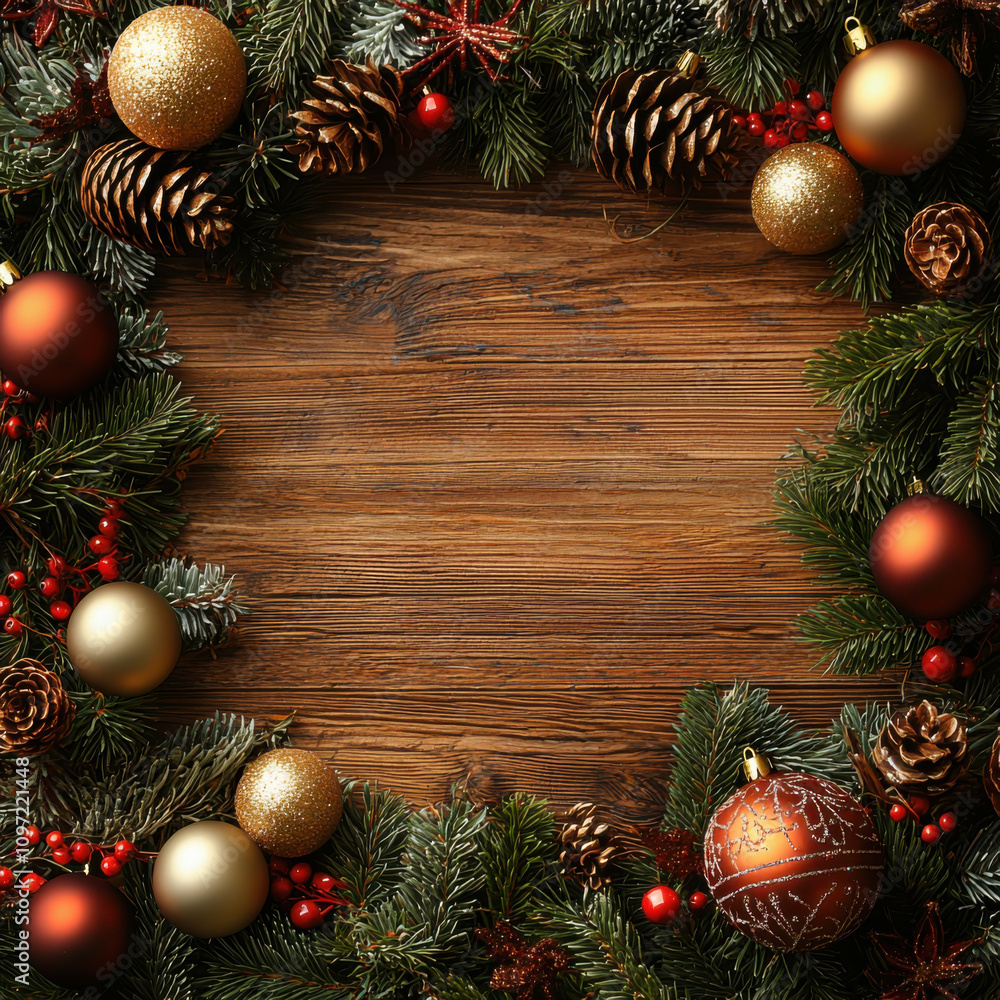 Background and Frame Festive Christmas, with shiny baubles and pinecones on wood Background and Frame Festive Christmas, with shiny baubles and pinecones on wood