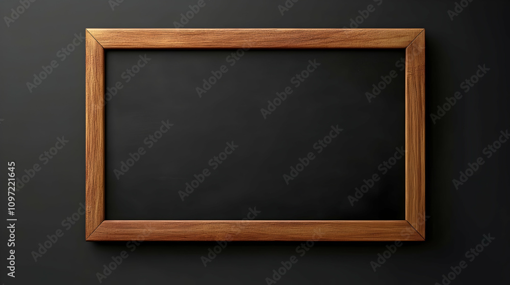 Blank dark brown wooden framed chalkboard on black background.