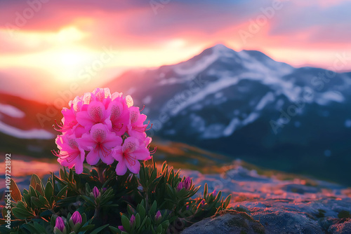 Rhododendron on mountain slope on sunset background, copy space photo