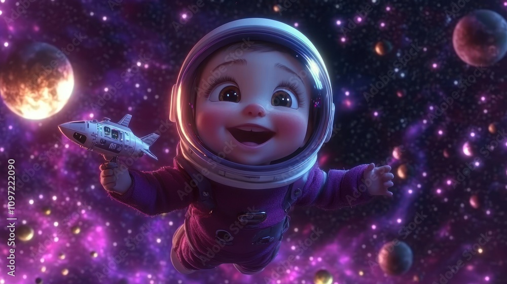 A joyful baby in a spacesuit floats in a colorful cosmic background, holding a toy spaceship. A joyful baby in a spacesuit floats in a colorful cosmic background, holding a toy spaceship.