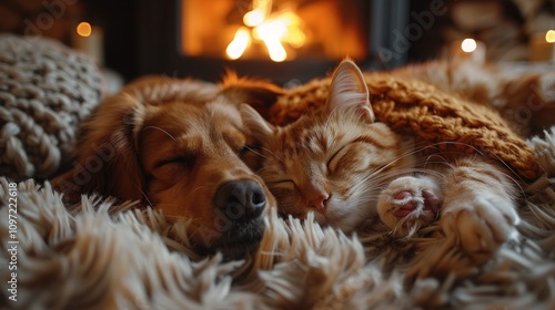 Cozy Companions: A Dog and Cat Napping by the Fireplace