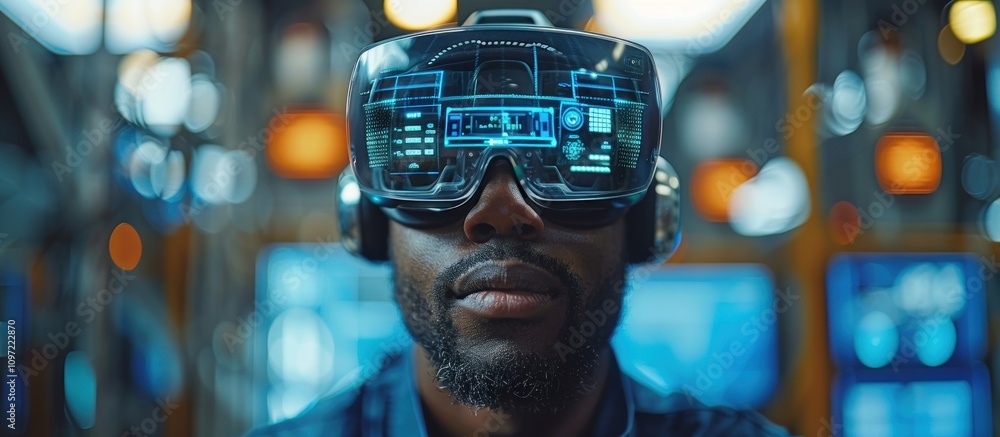 Man Wearing VR Headset in a Futuristic Setting Man Wearing VR Headset in a Futuristic Setting