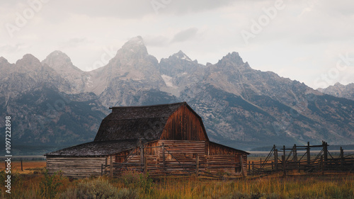 Old mormon barn in Grand Teton Mountains. Grand Teton National Park, Wyoming, USA.