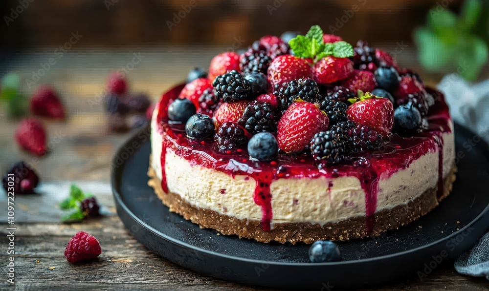 Cheesecake topped with vibrant berry sauce and fresh fruit on a rustic wooden table Cheesecake topped with vibrant berry sauce and fresh fruit on a rustic wooden table
