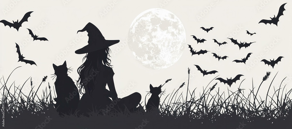 Fototapeta premium Silhouette of a witch with cats sitting on grass, surrounded by flying bats and a full moon in the background. Halloween and mystical concept.