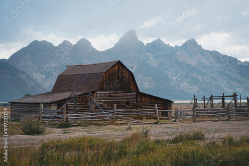 Old mormon barn in Grand Teton Mountains. Grand Teton National Park, Wyoming, USA.