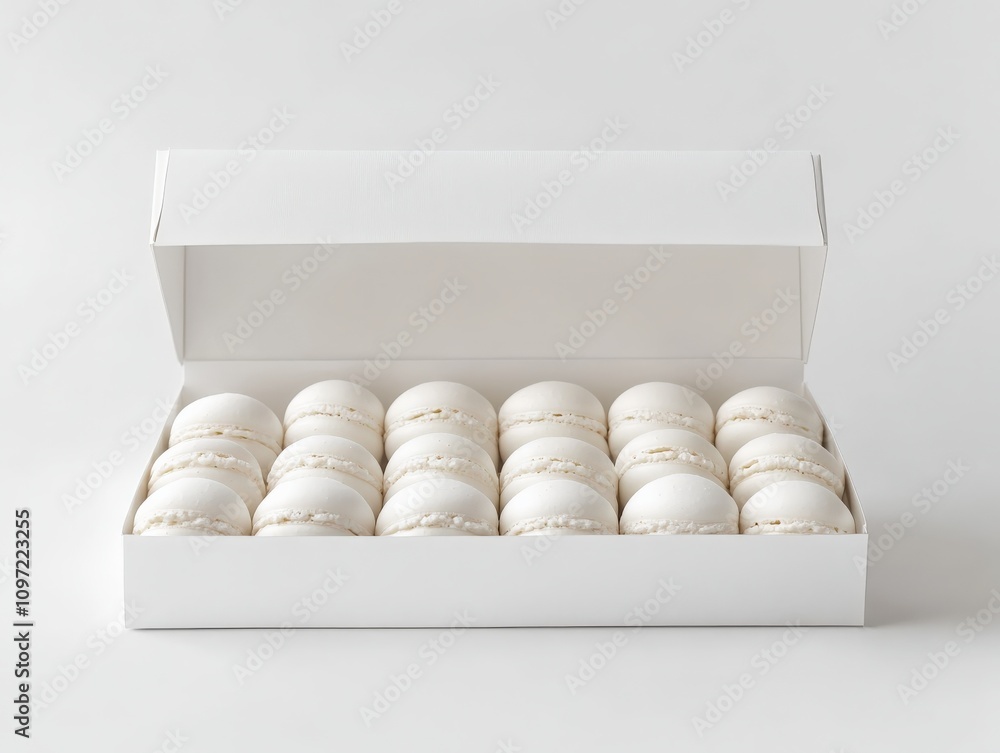 Pure White Macarons in Minimalist Box on Bright Background, Mockup Pure White Macarons in Minimalist Box on Bright Background, Mockup