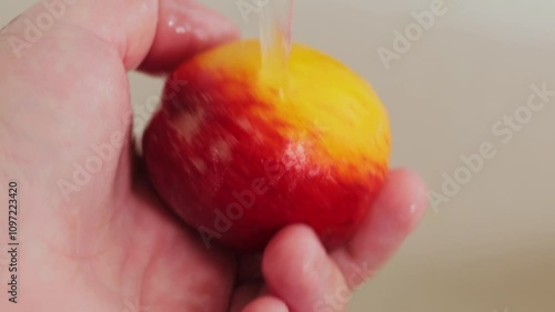 Peach in Man's Hand under Running Water, Concept of Preparing Fruits for Eating