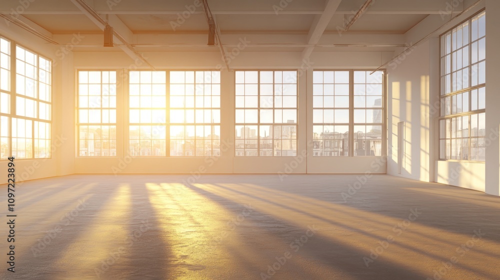 Empty industrial space with large windows and sunlight streaming in. (1) Empty industrial space with large windows and sunlight streaming in. (1)