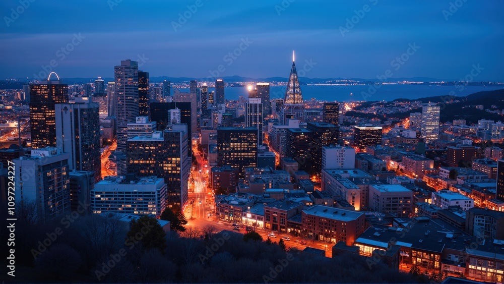 Fototapeta premium Generative AI, Dynamic Urban Skyline at Dusk