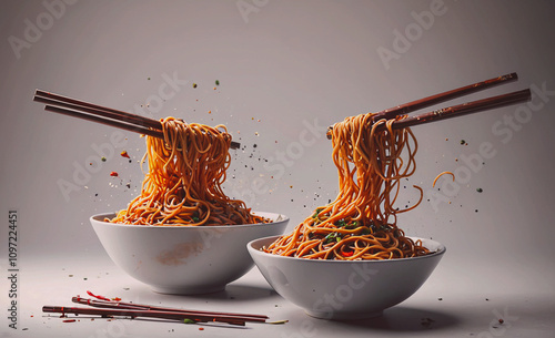 Two bowls of noodles with chopsticks in them. The bowls are white and the noodles are long photo