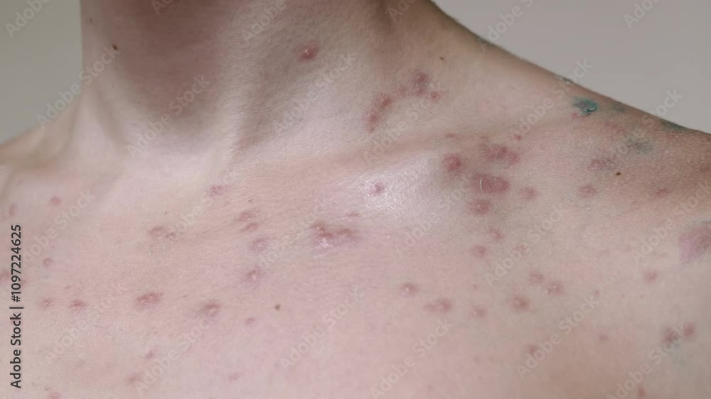 Close-up of acne on a teenager's chest and shoulders. The details of the skin texture and blemishes are clearly visible. Close-up of acne on a teenager's chest and shoulders. The details of the skin texture and blemishes are clearly visible.