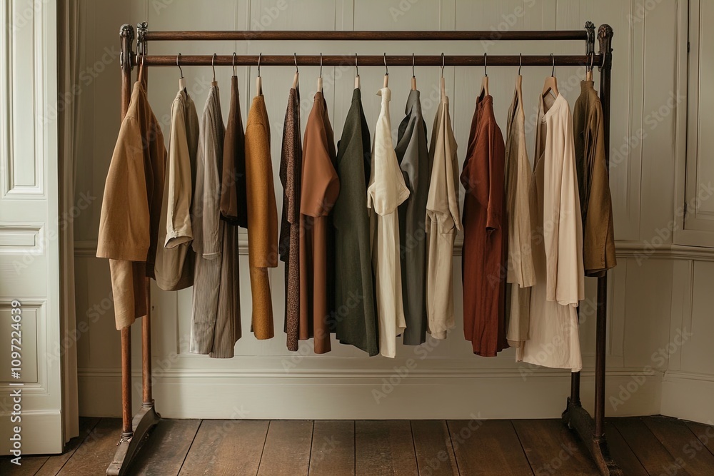 Fashion display featuring a variety of garments on a wooden rack in a stylish interior setting Fashion display featuring a variety of garments on a wooden rack in a stylish interior setting