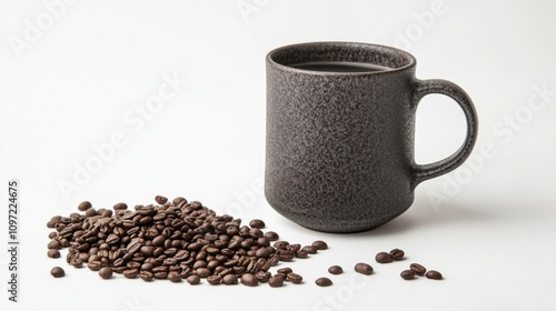 A mug of coffee is sitting on a table with a pile of coffee beans next to it. Concept of relaxation and comfort, as the coffee is a common beverage associated with winding down photo