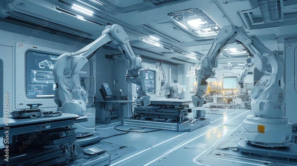 Obraz premium Efficient manufacturing facility with multiple robotic arms, clean workflow, futuristic ambiance