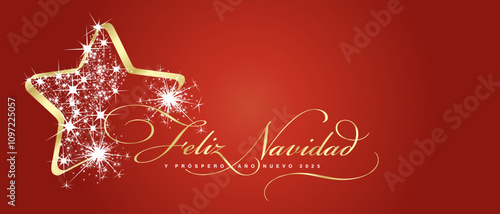 Merry Christmas and Happy New Year 2025 Spanish language greeting card. Beautiful golden light elegant brush script calligraphy typography. Golden white glitter sparkle Christmas star ornament