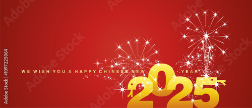 We wish you a Happy Chinese New Year 2025 shining firework golden typography elegant yellow orange numbers in shape of snakes on red background. 2025 Chinese year of the snake greeting card