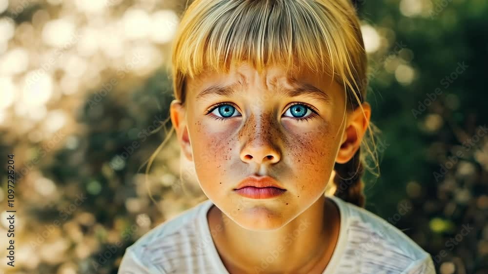 Child with blue eyes and freckles sitting outdoors with a serious expression surrounded by natural light