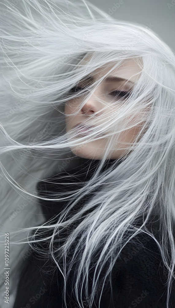 Naklejka premium A woman with long silver hair blowing in the wind
