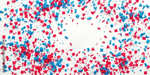 Confetti explosions in shades of blue and red against a white background with glittery stars, stars, playful, background