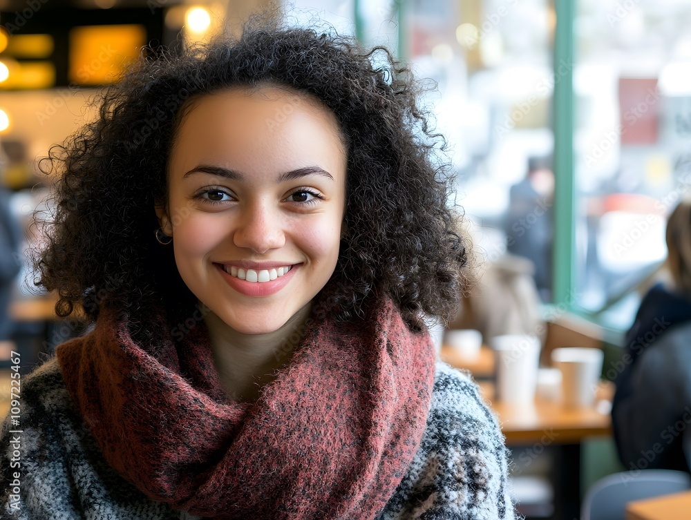 A young woman with curly hair smiles warmly in a cafe A young woman with curly hair smiles warmly in a cafe