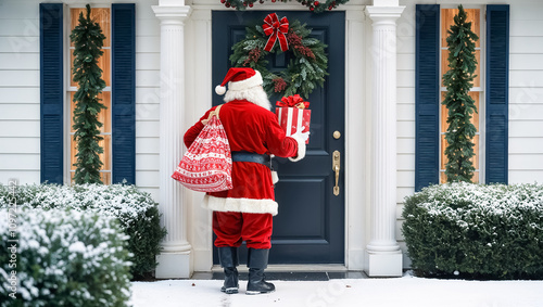 Santa Claus, back to camera on street, house background winter