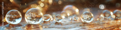 Translucent spheres, each bearing a letter, forming words on a wooden surface. photo