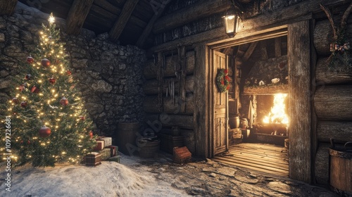 A cozy log cabin decorated for Christmas with a decorated tree, a roaring fireplace, and a wreath on the door.